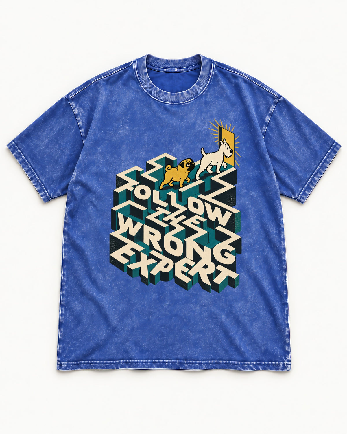 Pug Follow the Wrong Expert Isometric Maze Graphic Washed Tee in Royal Blue, flat lay product photo