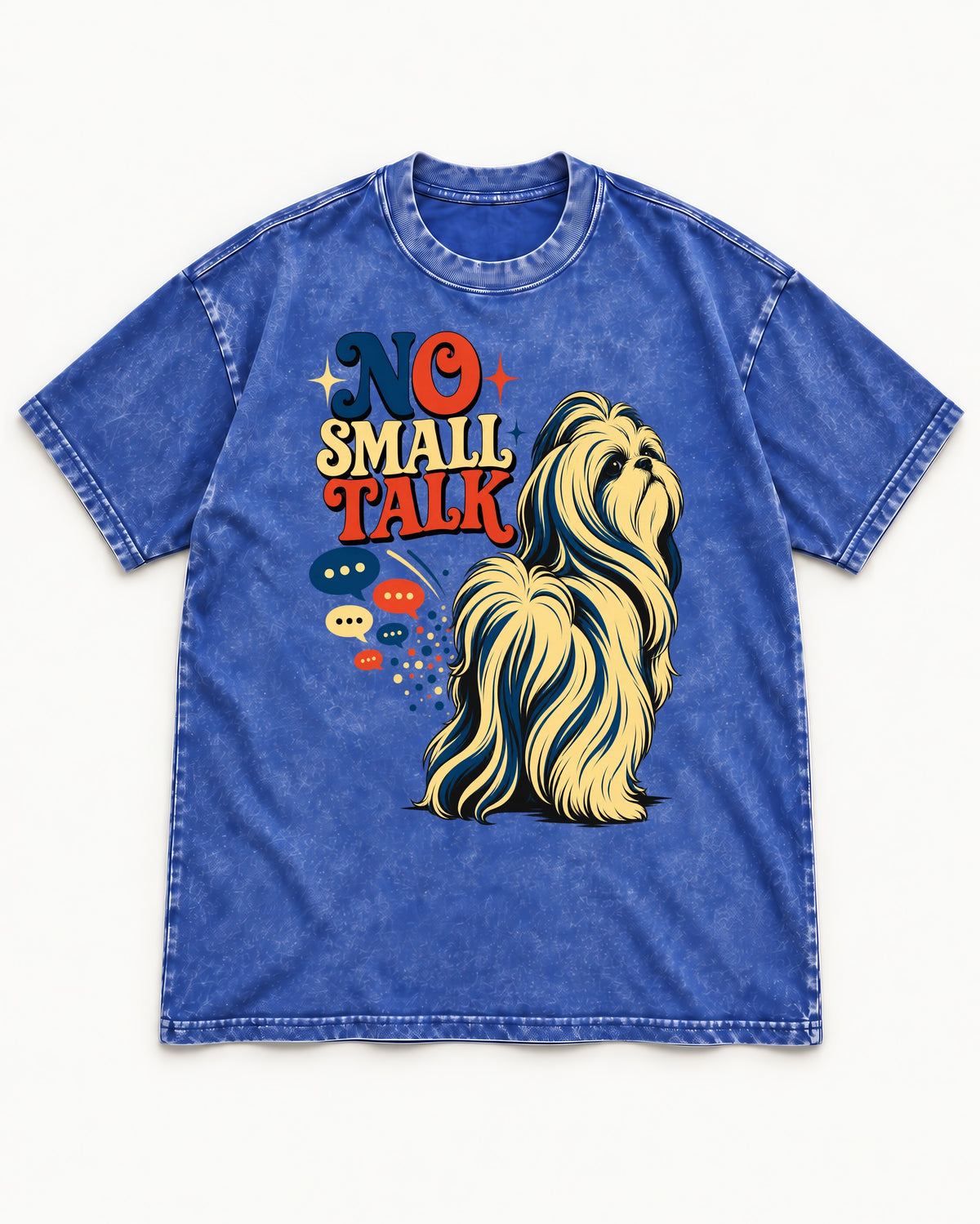Shih Tzu No Small Talk Speech Bubble Graphic Washed Tee in Royal Blue, flat lay product photo