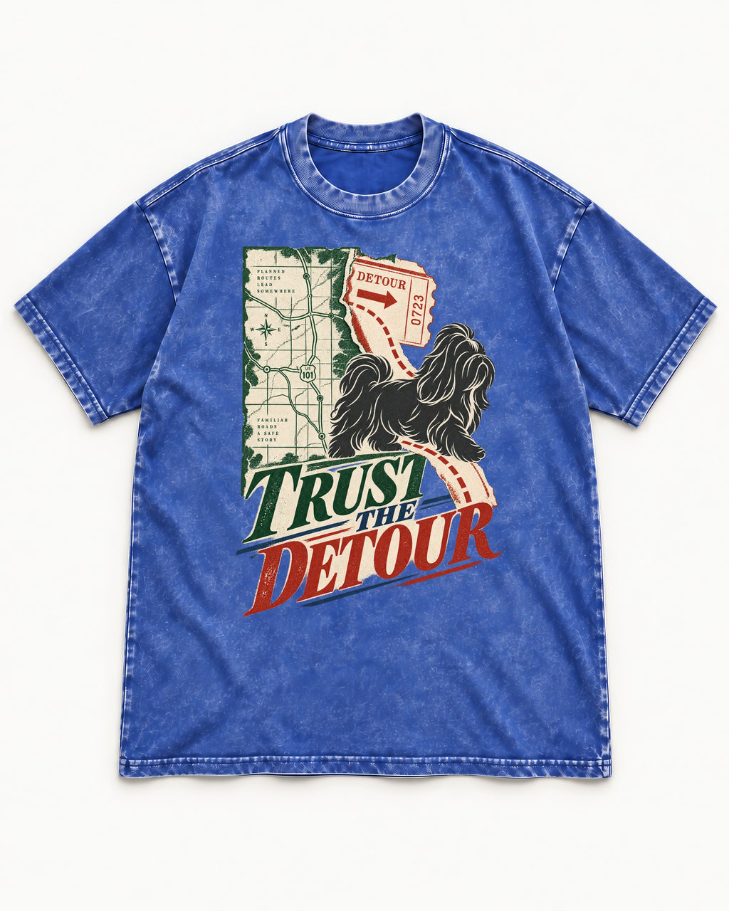 Shih Tzu Trust the Detour Road Map Graphic Washed Tee in Royal Blue, flat lay product photo