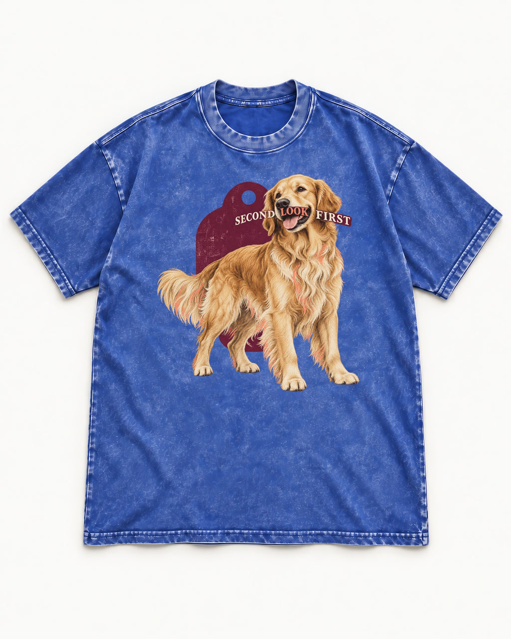 Golden Retriever Second Look First Tag Portrait Graphic Washed Tee in Royal Blue, flat lay product photo