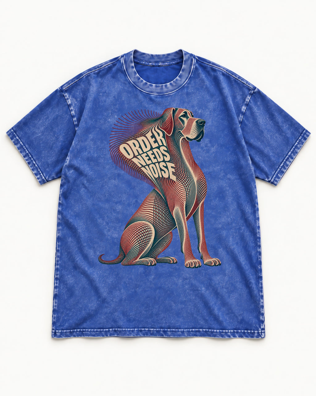 Great Dane Order Needs Noise Optical Line Graphic Washed Tee in Royal Blue, flat lay product photo