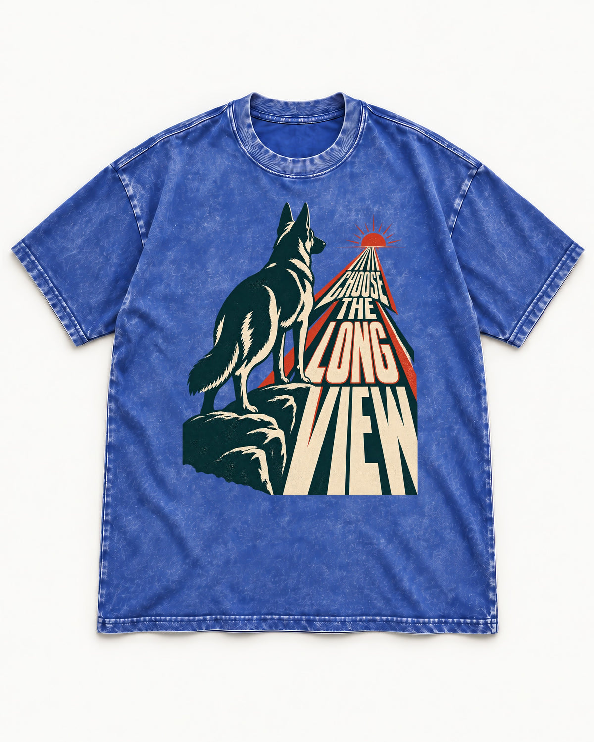 Choose the Long View Sunrise German Shepherd Dog Graphic Washed Tee in Royal Blue, flat lay product photo