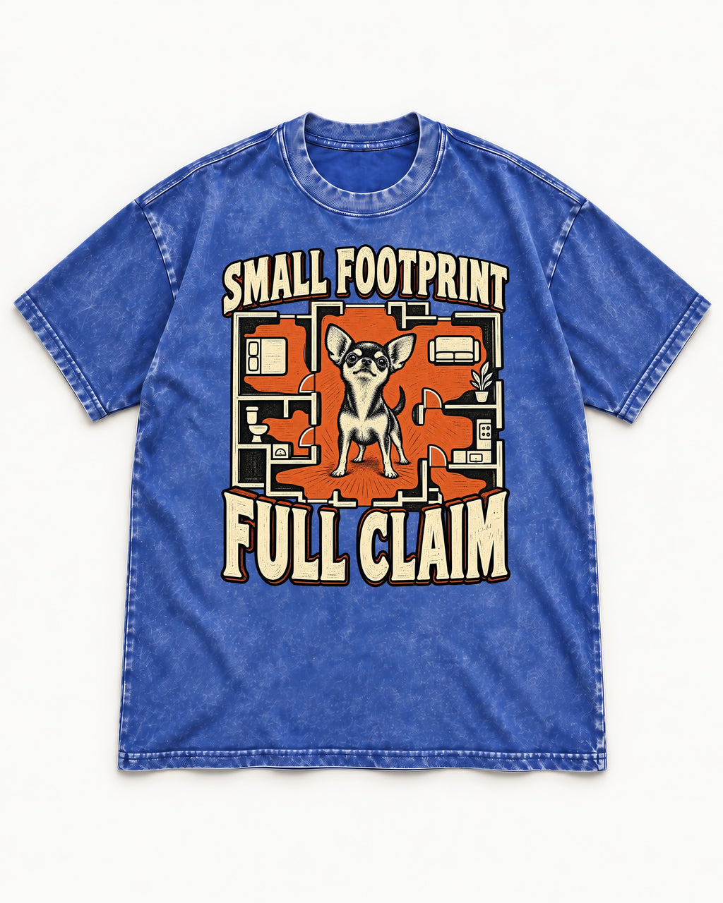 Chihuahua Small Footprint Full Claim Floor Plan Graphic Washed Tee in Royal Blue, flat lay product photo