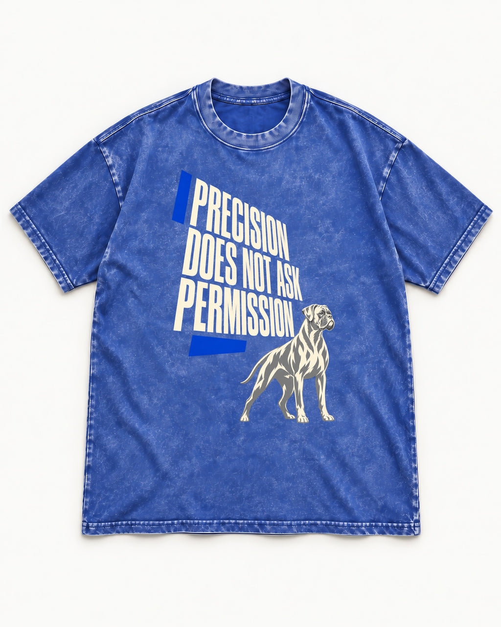 Precision Does Not Ask Permission Boxer Washed Tee in Royal Blue, flat lay product photo