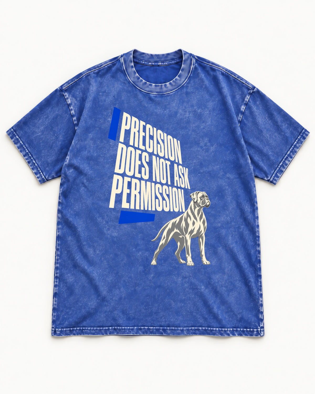 Precision Does Not Ask Permission Boxer Washed Tee in Royal Blue, flat lay product photo