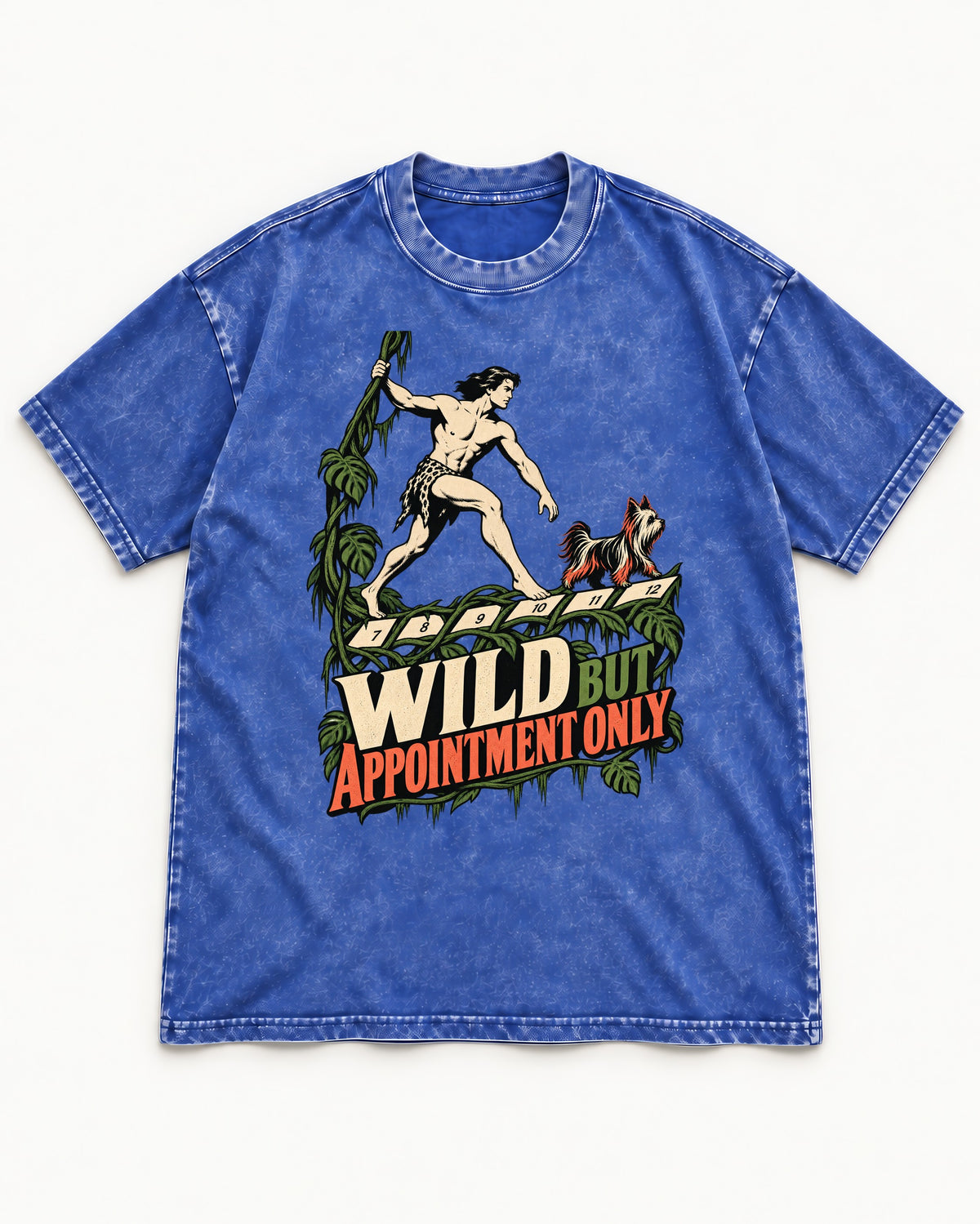 Yorkshire Terrier Wild but Appointment Only Jungle Calendar Graphic Washed Tee in Royal Blue, flat lay product photo