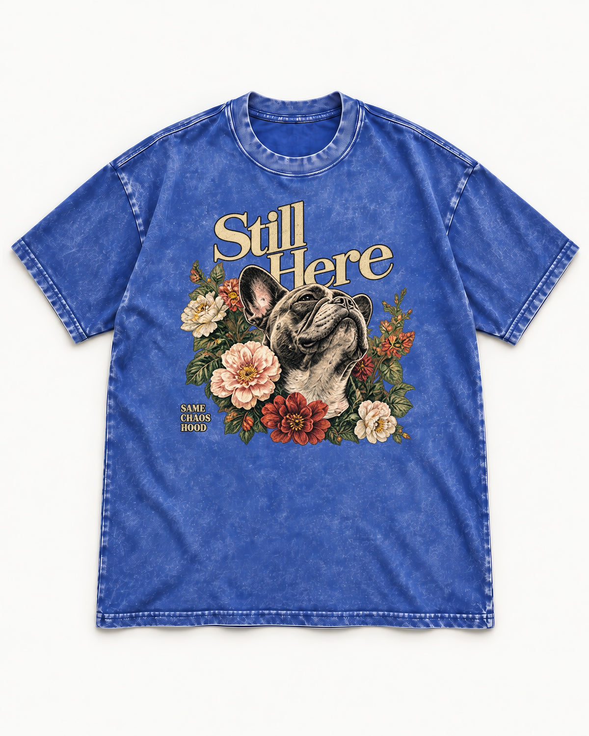 Frenchie Still Here Floral Portrait Graphic Washed Tee in Royal Blue, flat lay product photo