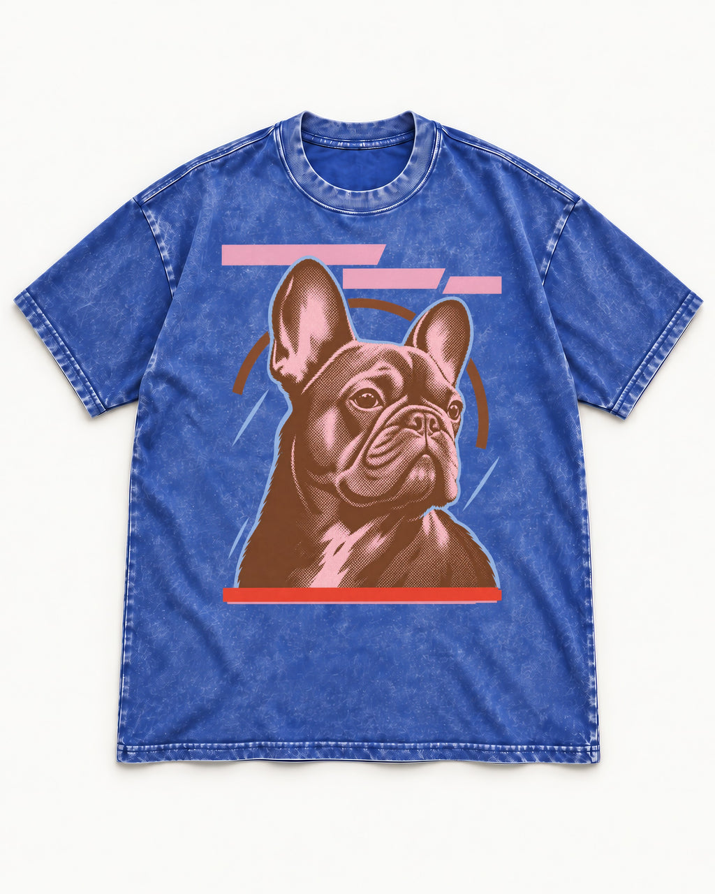 Frenchie Geometric Portrait Graphic Washed Tee in Royal Blue, flat lay product photo