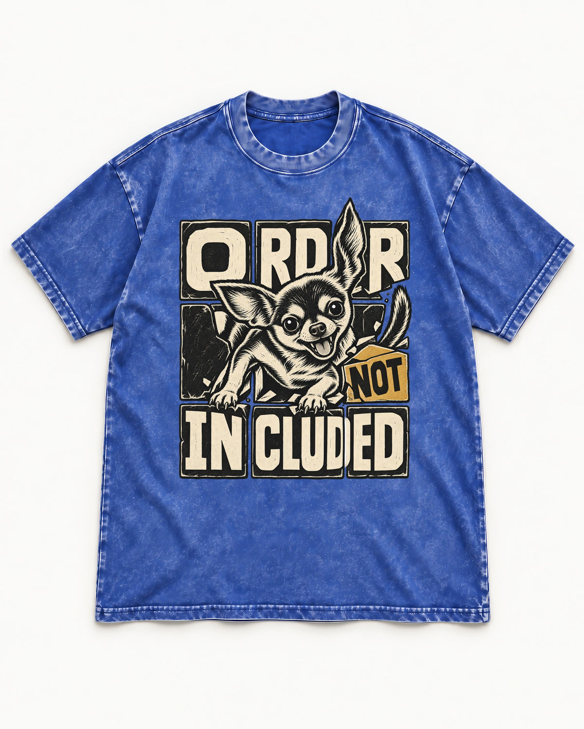 Chihuahua Order Not Included Broken Grid Graphic Washed Tee in Royal Blue, flat lay product photo