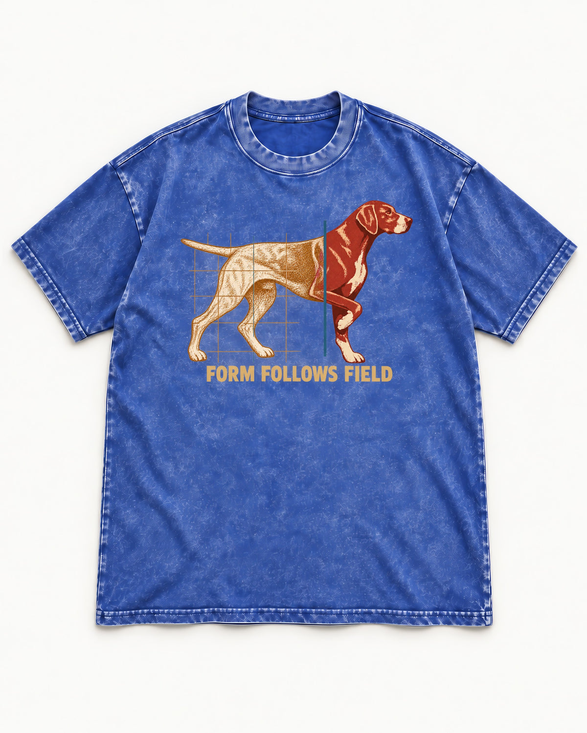 German Shorthaired Pointer Form Follows Field Grid Graphic Washed Tee in Royal Blue, flat lay product photo