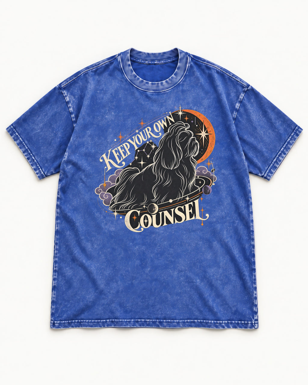 Shih Tzu Keep Your Own Counsel Celestial Graphic Washed Tee in Royal Blue, flat lay product photo