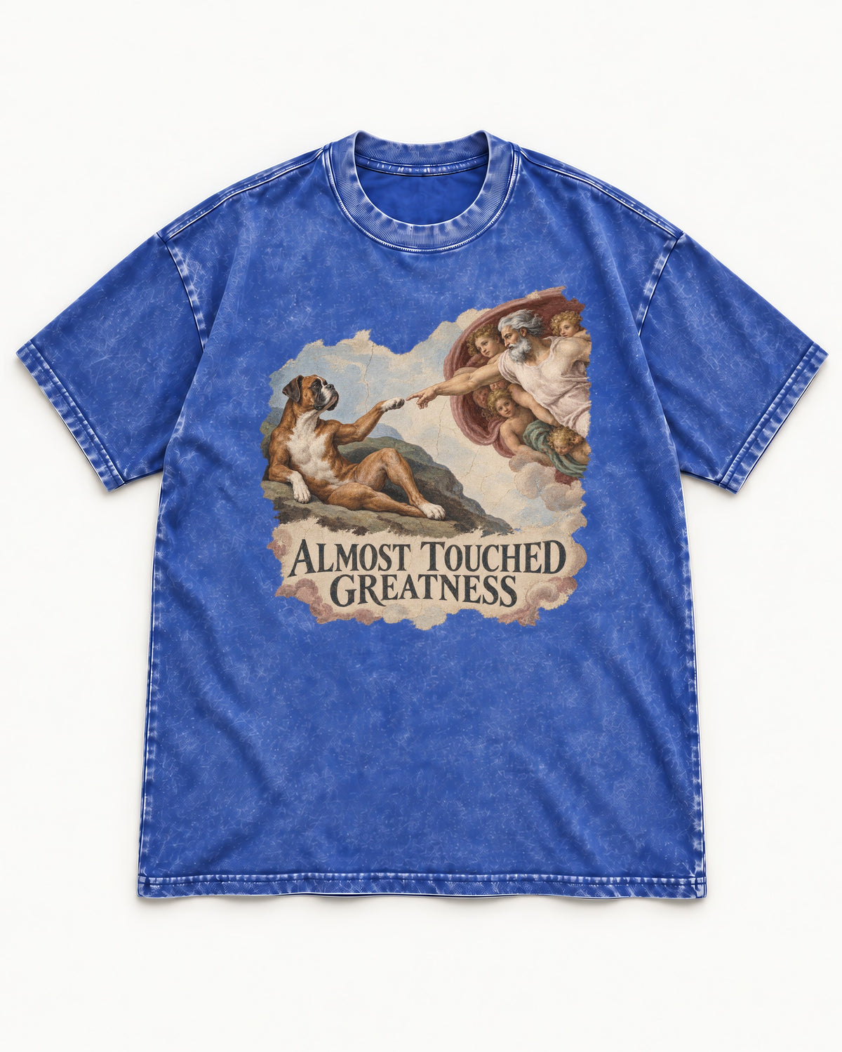 Almost Touched Greatness Boxer Creation Fresco Graphic Washed Tee in Royal Blue, flat lay product photo