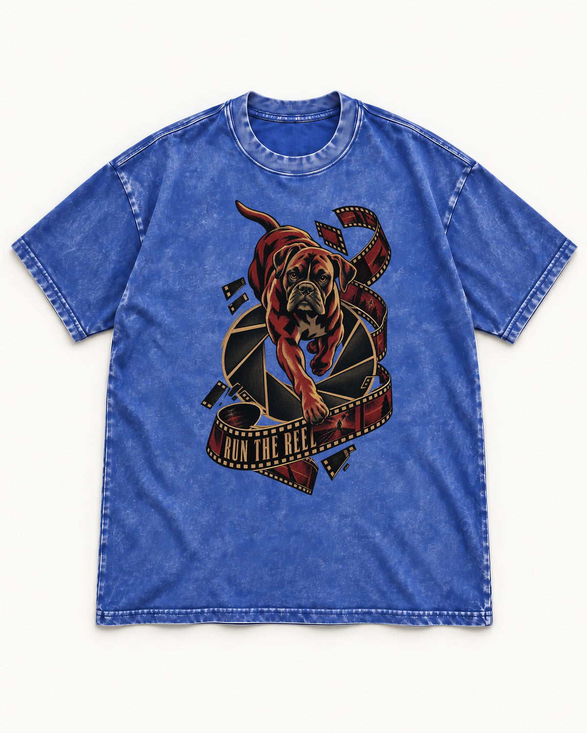 Run the Reel Boxer Film Graphic Washed Tee in Royal Blue, flat lay product photo