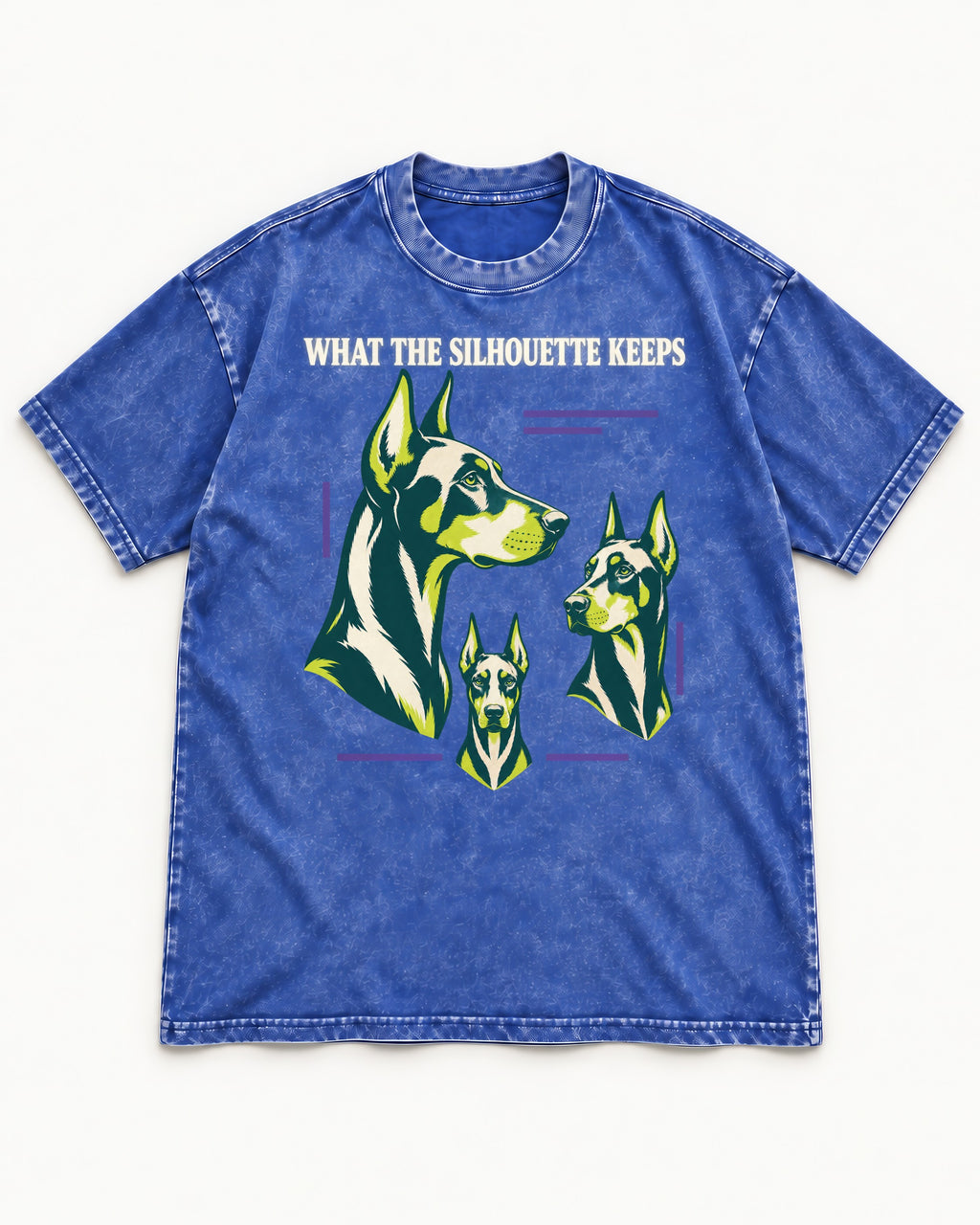 Doberman What the Silhouette Keeps Three Portrait Graphic Washed Tee in Royal Blue, flat lay product photo