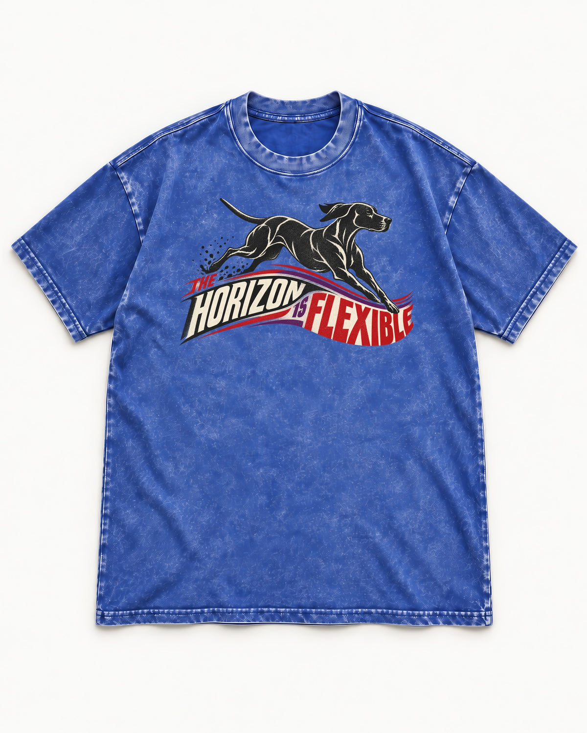 German Shorthaired Pointer The Horizon Is Flexible Racing Ribbon Graphic Washed Tee in Royal Blue, flat lay product photo