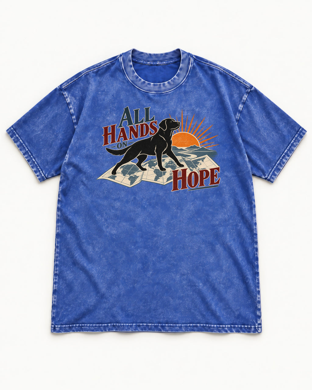 Labrador Retriever All Hands on Hope Map Sunrise Graphic Washed Tee in Royal Blue, flat lay product photo