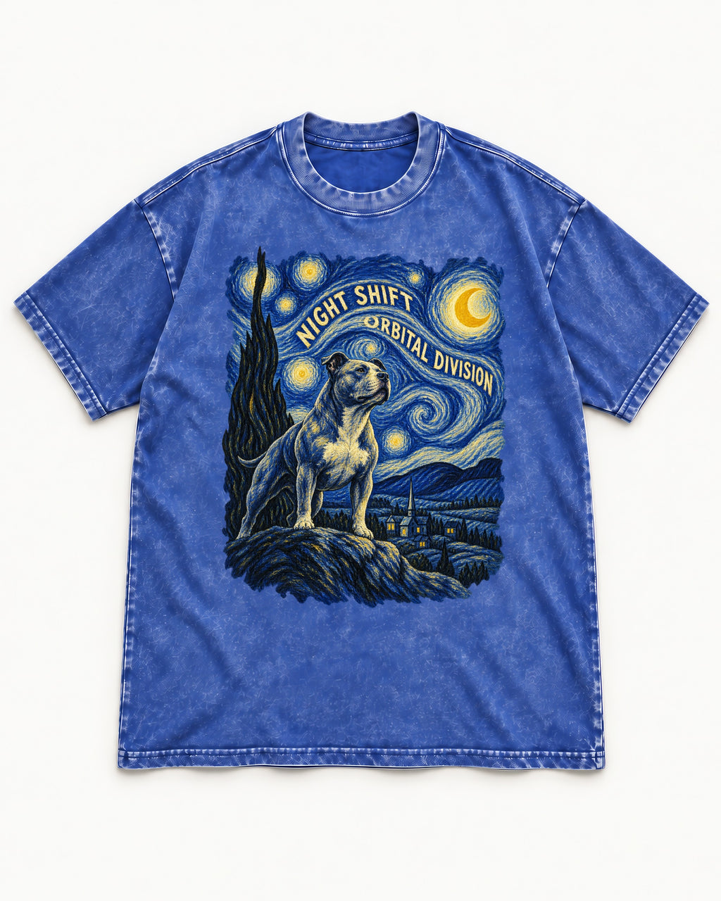 Pitbull Night Shift Orbital Division Starry Night Graphic Washed Tee in Royal Blue, flat lay product photo