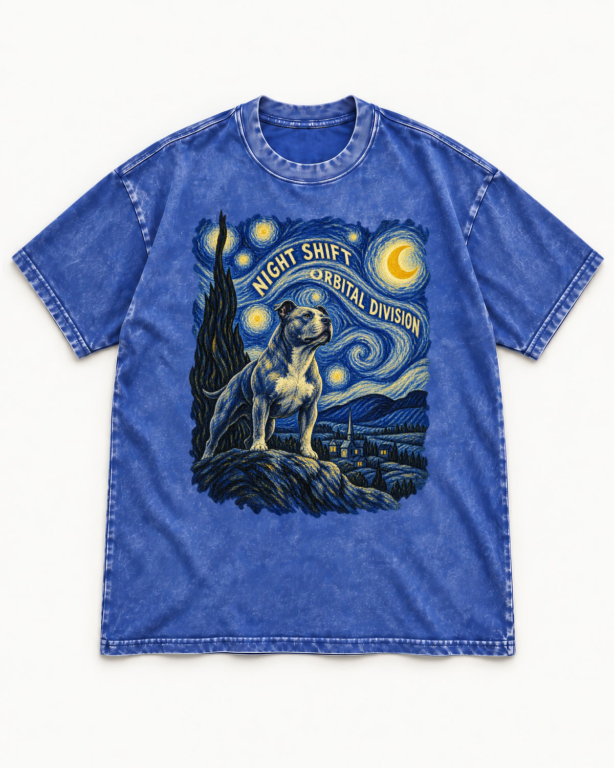 Pitbull Night Shift Orbital Division Starry Night Graphic Washed Tee in Royal Blue, flat lay product photo