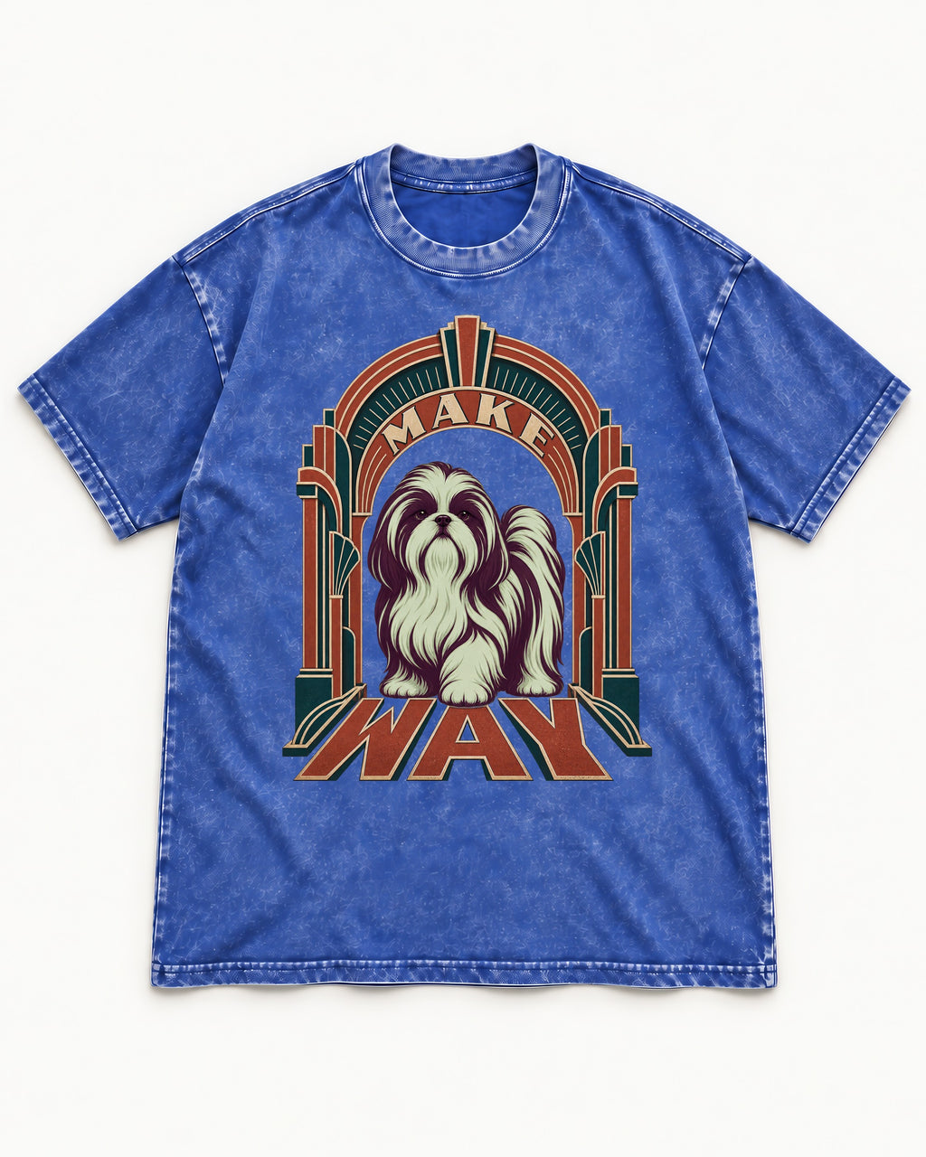 Shih Tzu Make Way Art Deco Arch Portrait Washed Tee in Royal Blue, flat lay product photo