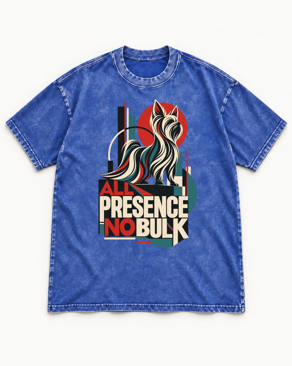 Yorkshire Terrier All Presence No Bulk Geometric Portrait Graphic Washed Tee in Royal Blue, flat lay product photo