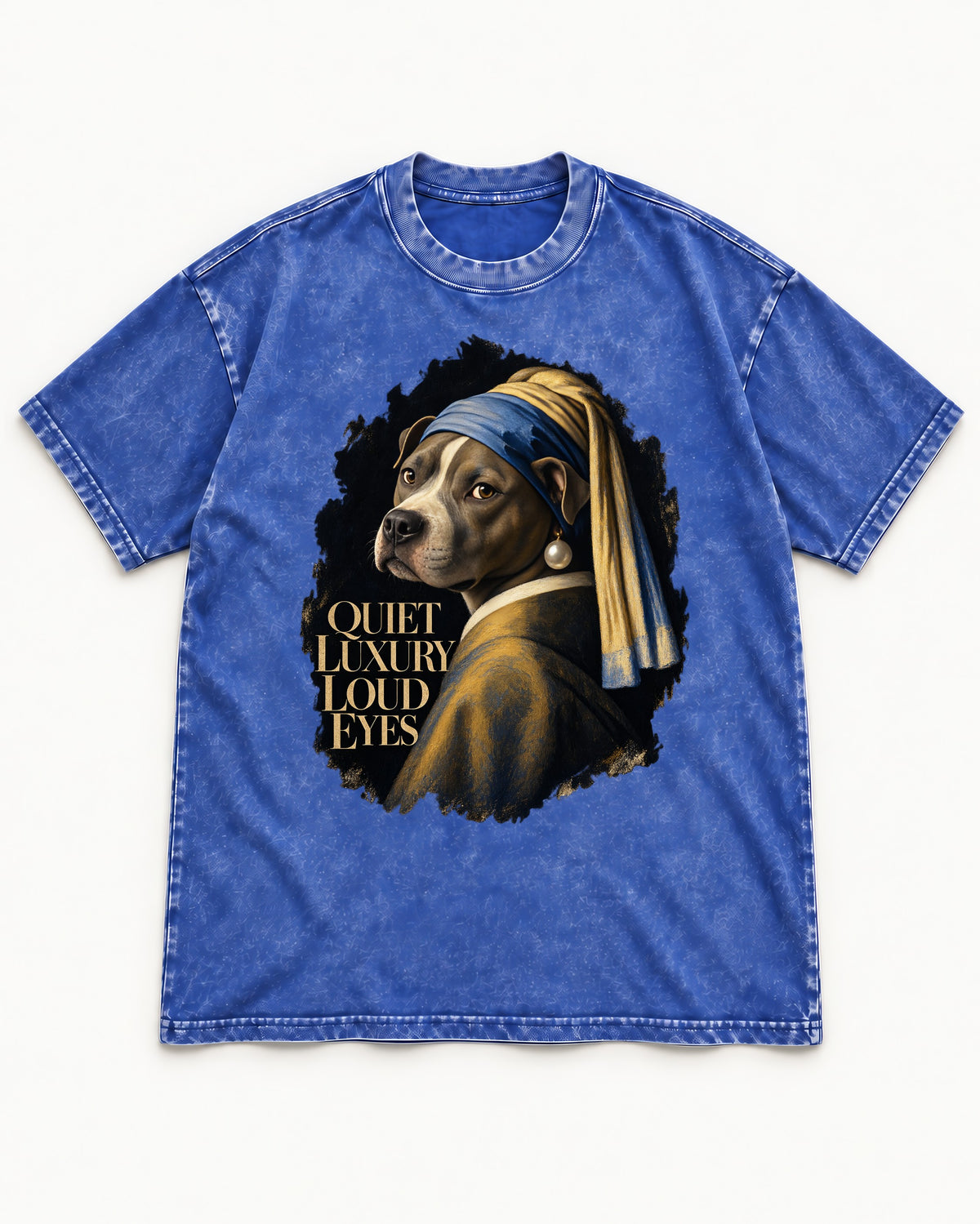 Pitbull Quiet Luxury Loud Eyes Pearl Earring Portrait Graphic Washed Tee in Royal Blue, flat lay product photo