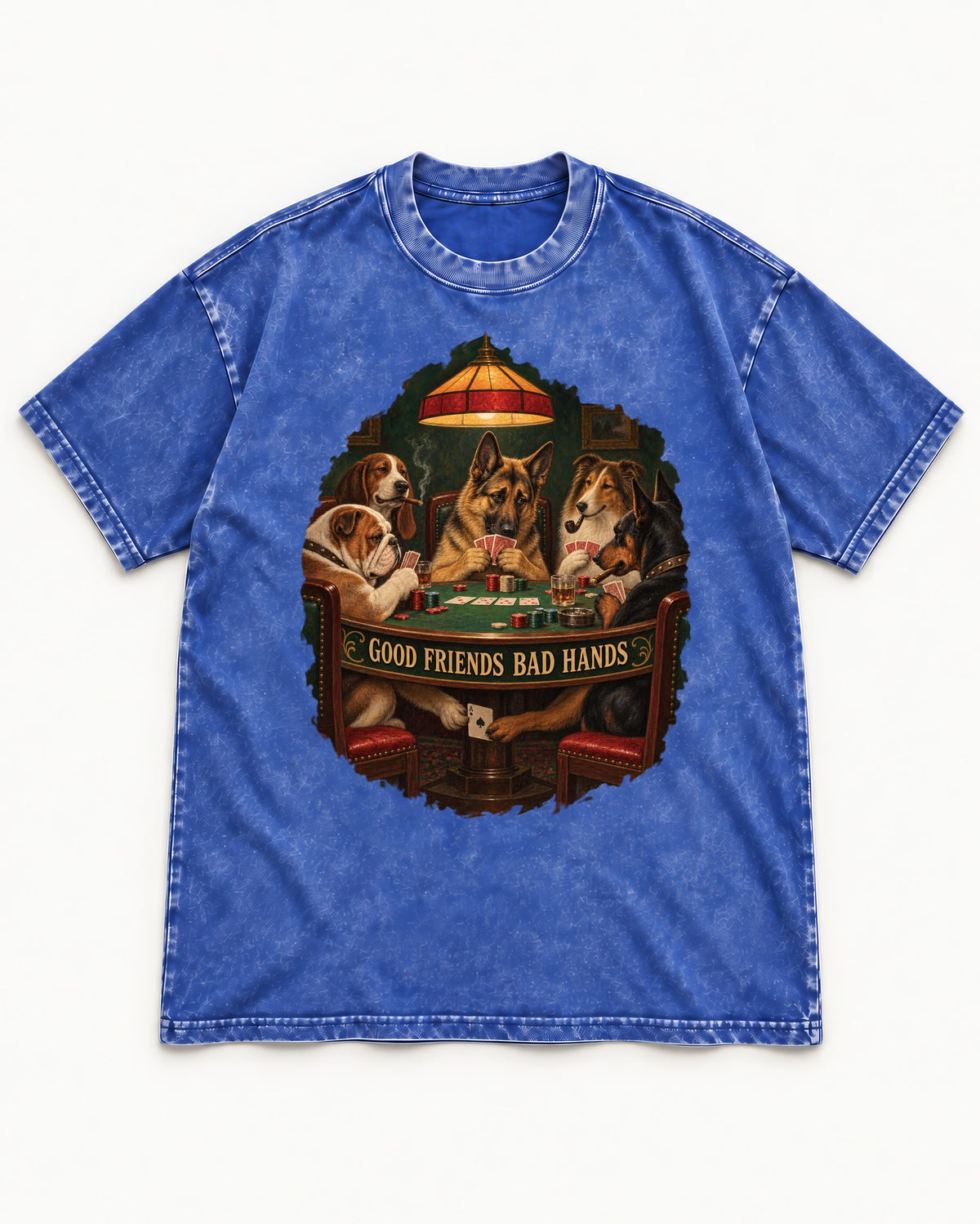 German Shepherd Dog Good Friends Bad Hands Poker Graphic Washed Tee in Royal Blue, flat lay product photo