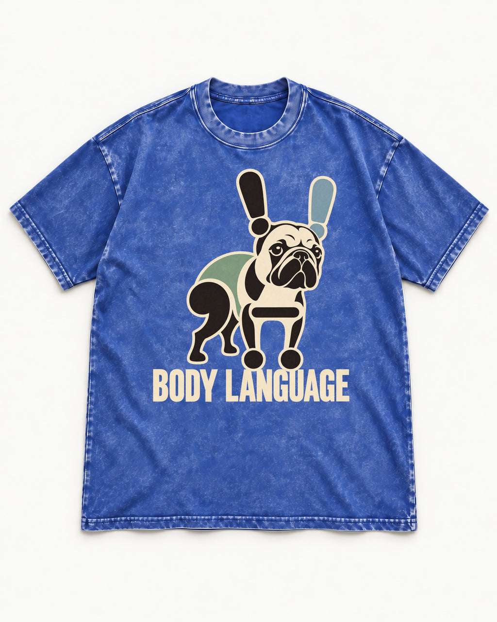 Frenchie Body Language Punctuation Graphic Washed Tee in Royal Blue, flat lay product photo