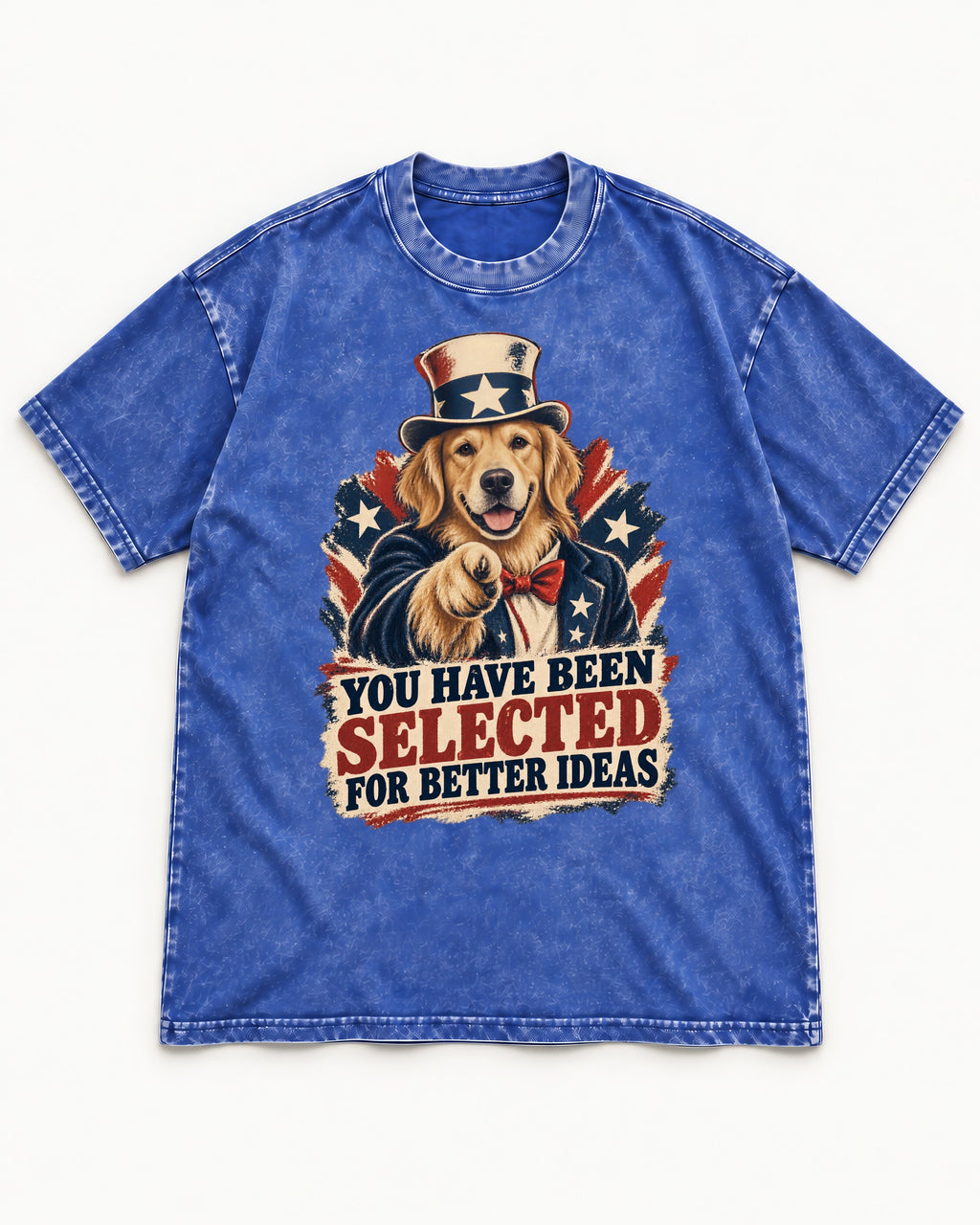 You Have Been Selected for Better Ideas Uncle Sam Golden Retriever Graphic Washed Tee in Royal Blue, flat lay product photo