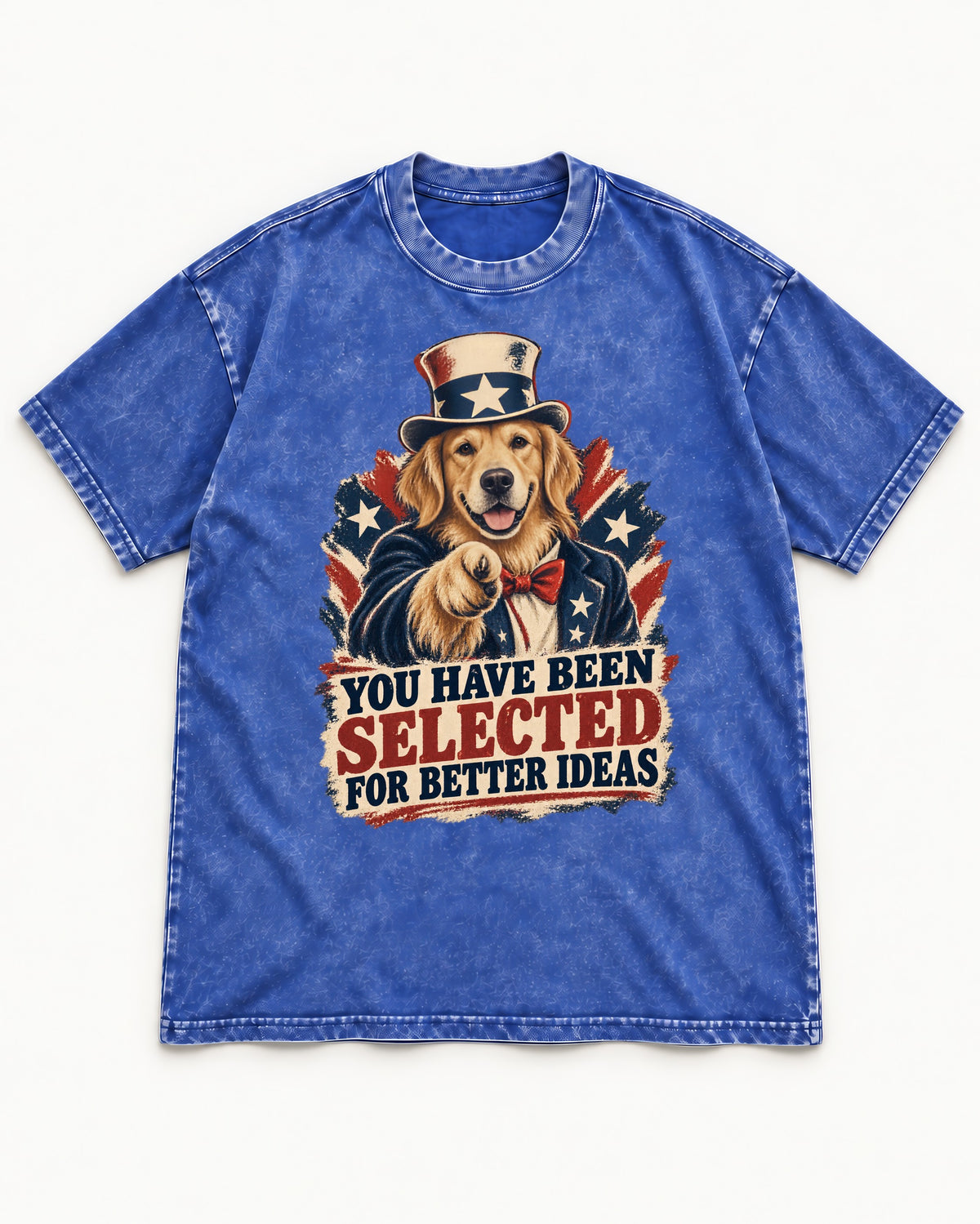 You Have Been Selected for Better Ideas Uncle Sam Golden Retriever Graphic Washed Tee in Royal Blue, flat lay product photo