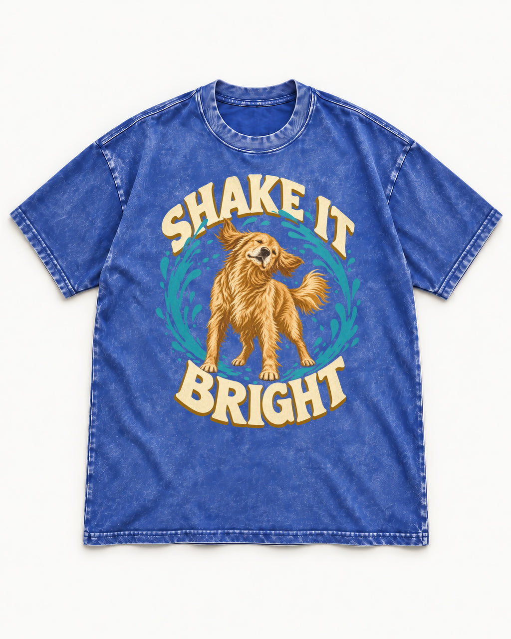 Golden Retriever Shake It Bright Water Ring Graphic Washed Tee in Royal Blue, flat lay product photo