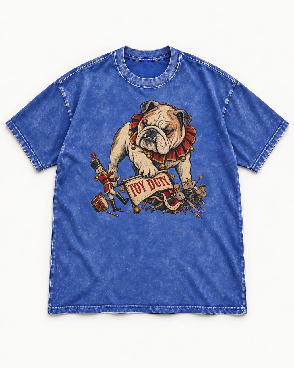 English Bulldog Toy Duty Nutcracker Mice Washed Tee in Royal Blue, flat lay product photo