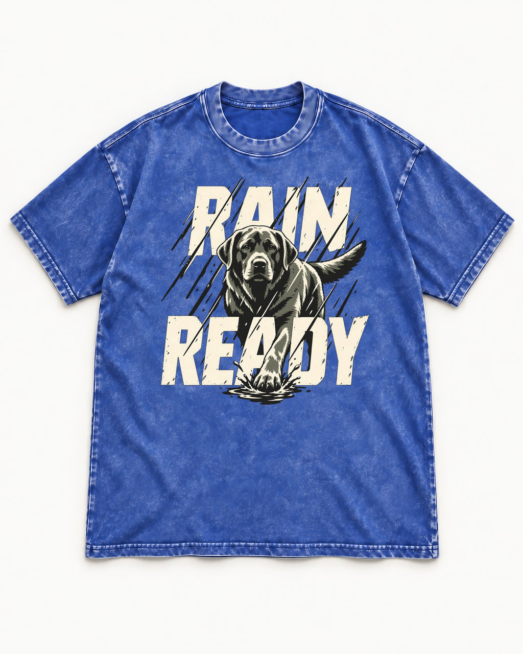 Labrador Retriever Rain Ready Charging Splash Graphic Washed Tee in Royal Blue, flat lay product photo