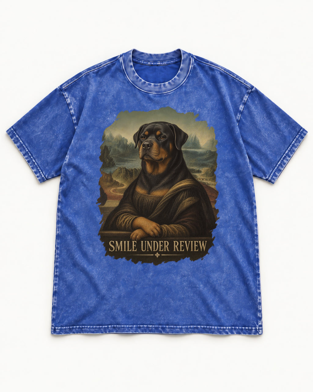 Rottweiler Smile Under Review Renaissance Portrait Graphic Washed Tee in Royal Blue, flat lay product photo