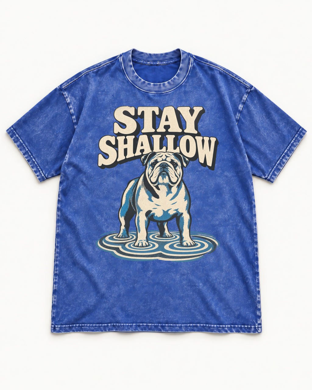 English Bulldog Stay Shallow Ripple Graphic Washed Tee in Royal Blue, flat lay product photo