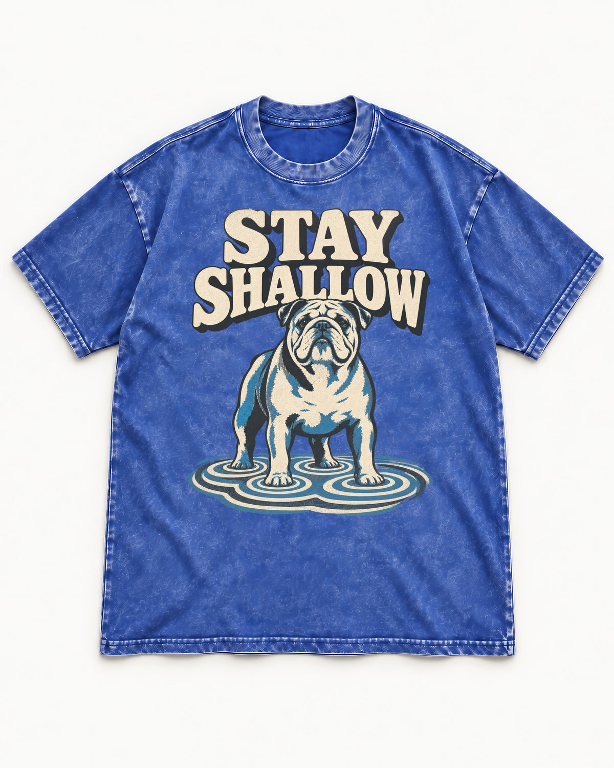 English Bulldog Stay Shallow Ripple Graphic Washed Tee in Royal Blue, flat lay product photo
