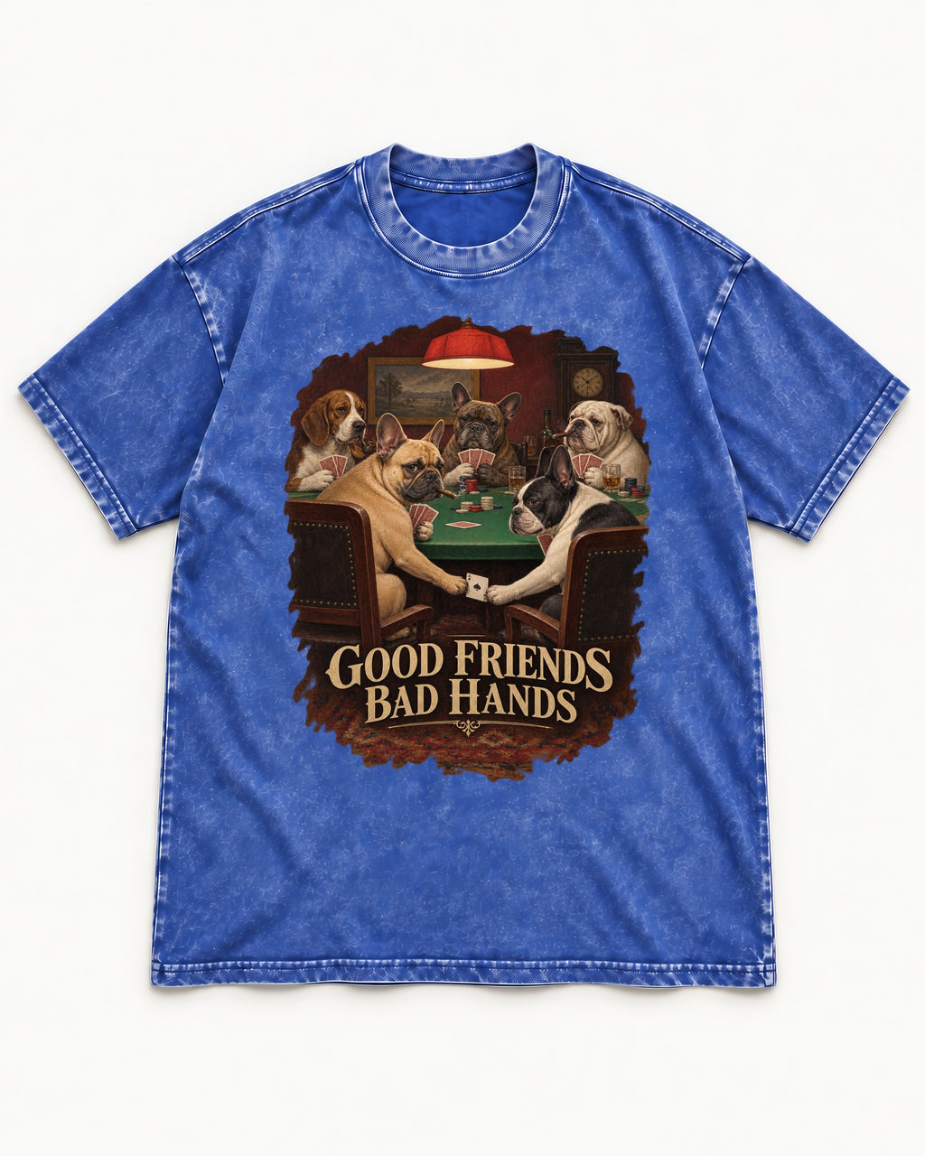 Frenchie Good Friends Bad Hands Poker Graphic Washed Tee in Royal Blue, flat lay product photo