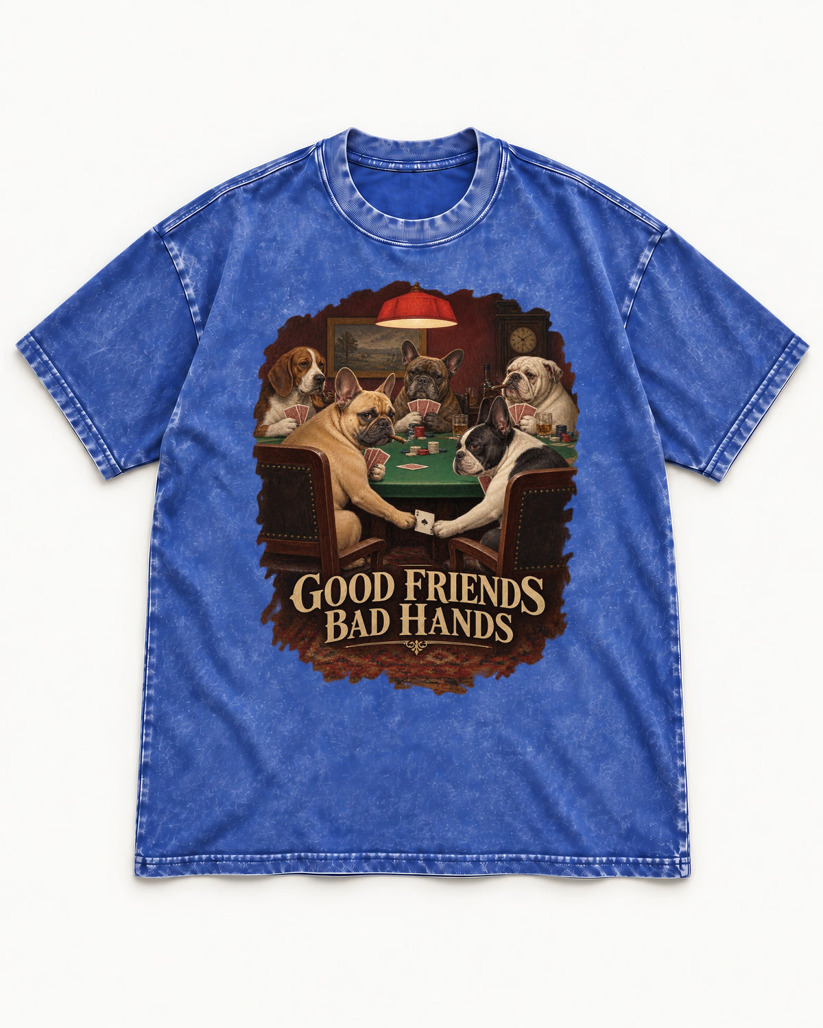 Frenchie Good Friends Bad Hands Poker Graphic Washed Tee in Royal Blue, flat lay product photo