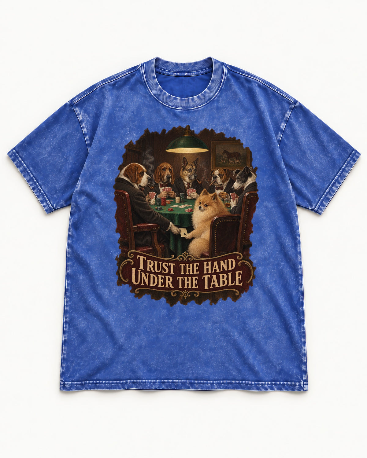 Pomeranian Trust the Hand Under the Table Poker Dogs Graphic Washed Tee in Royal Blue, flat lay product photo