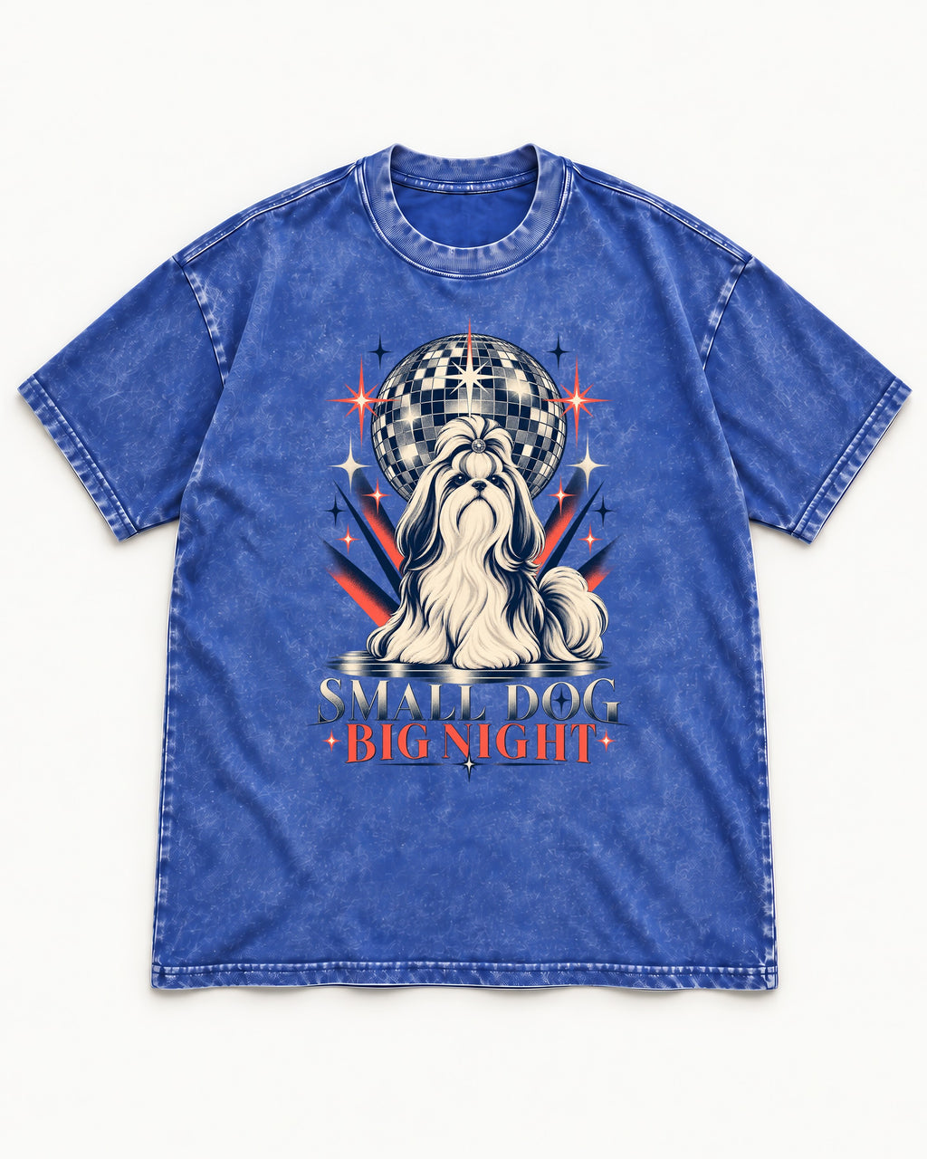 Shih Tzu Small Dog Big Night Disco Graphic Washed Tee in Royal Blue, flat lay product photo
