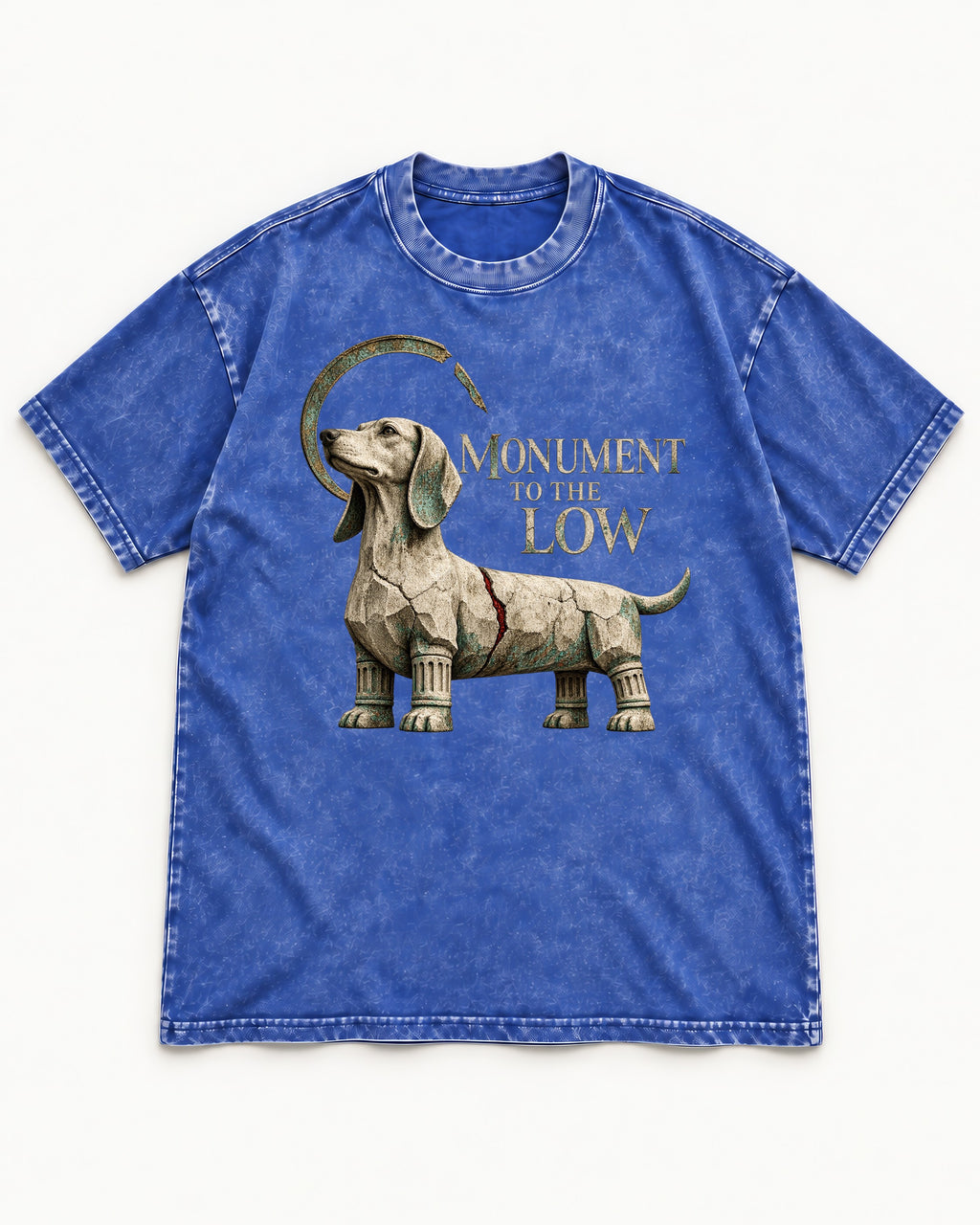 Dachshund Monument to the Low Stone Statue Graphic Washed Tee in Royal Blue, flat lay product photo
