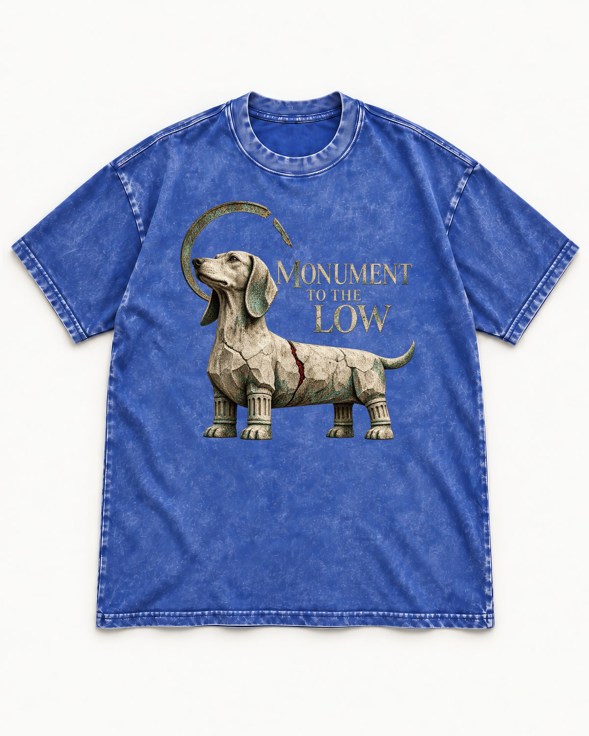 Dachshund Monument to the Low Stone Statue Graphic Washed Tee in Royal Blue, flat lay product photo