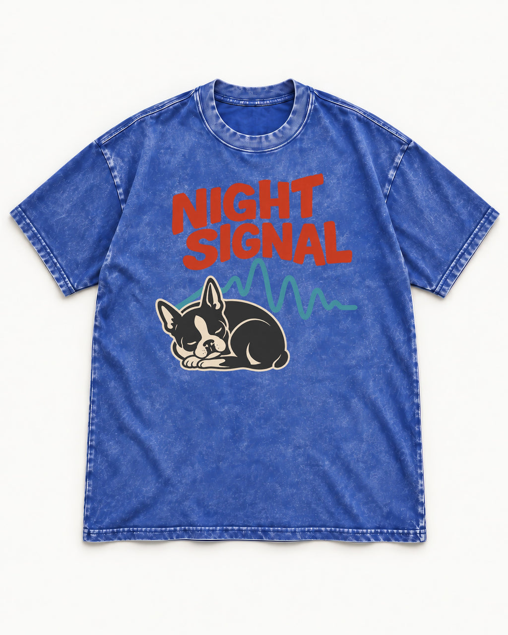 Boston Terrier Sleeping Night Signal Washed Tee in Royal Blue, flat lay product photo