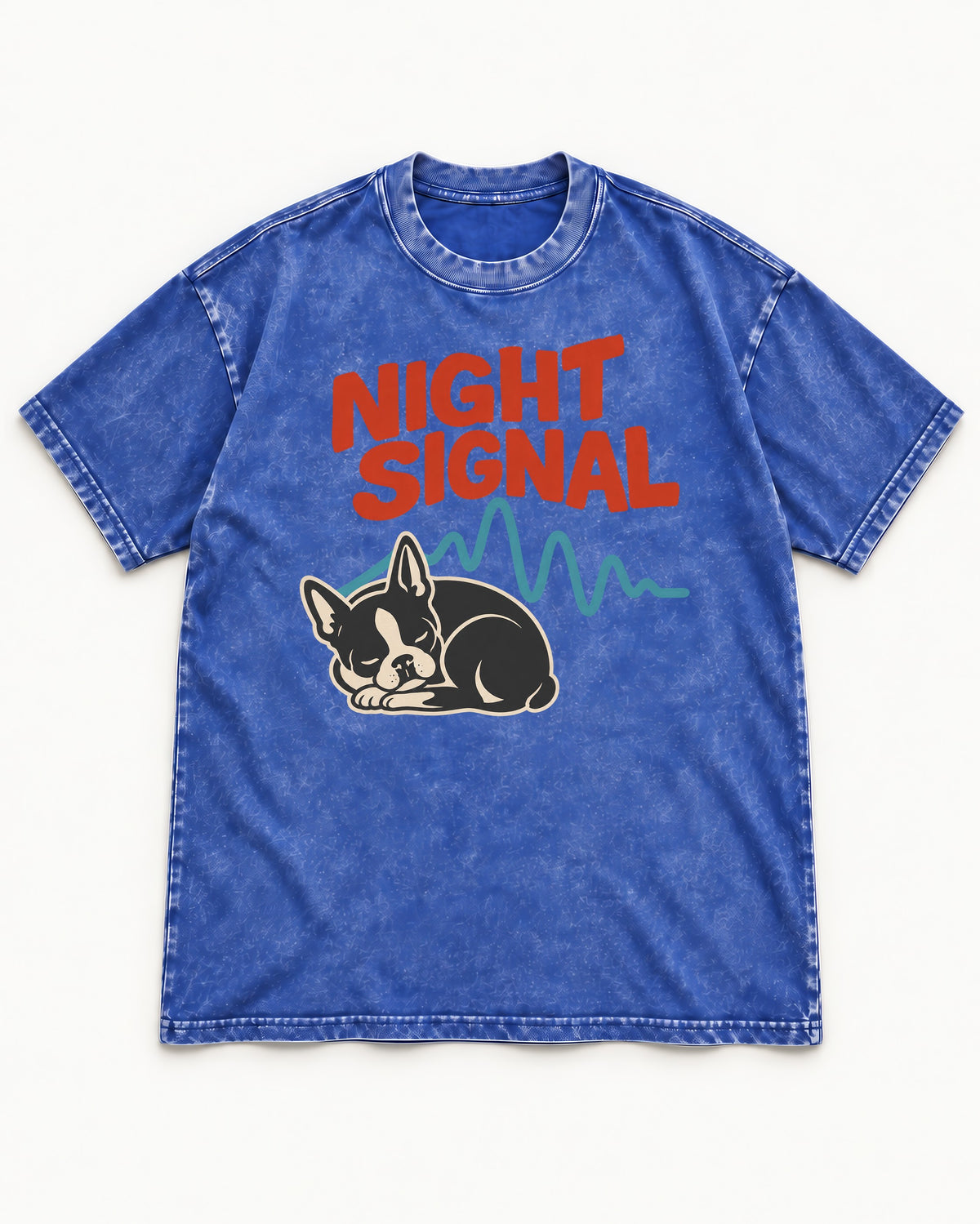 Boston Terrier Sleeping Night Signal Washed Tee in Royal Blue, flat lay product photo