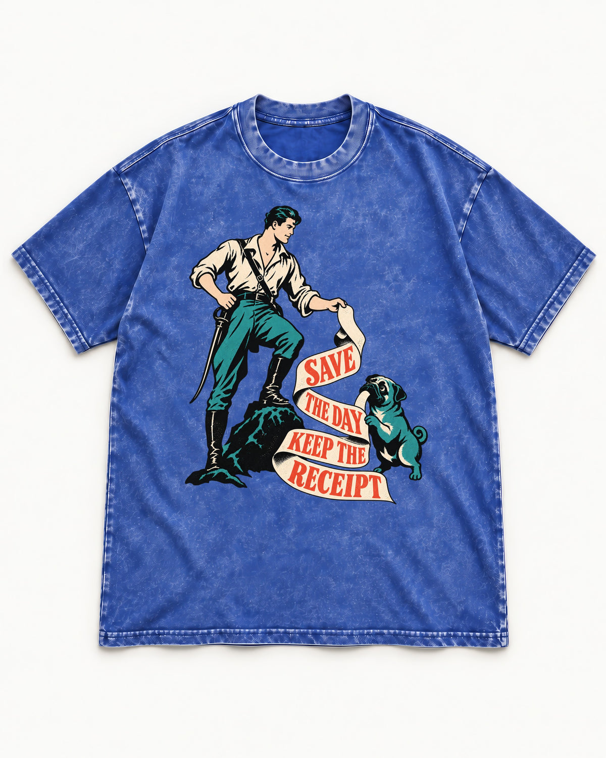 Pug Save the Day Keep the Receipt Hero Graphic Washed Tee in Royal Blue, flat lay product photo