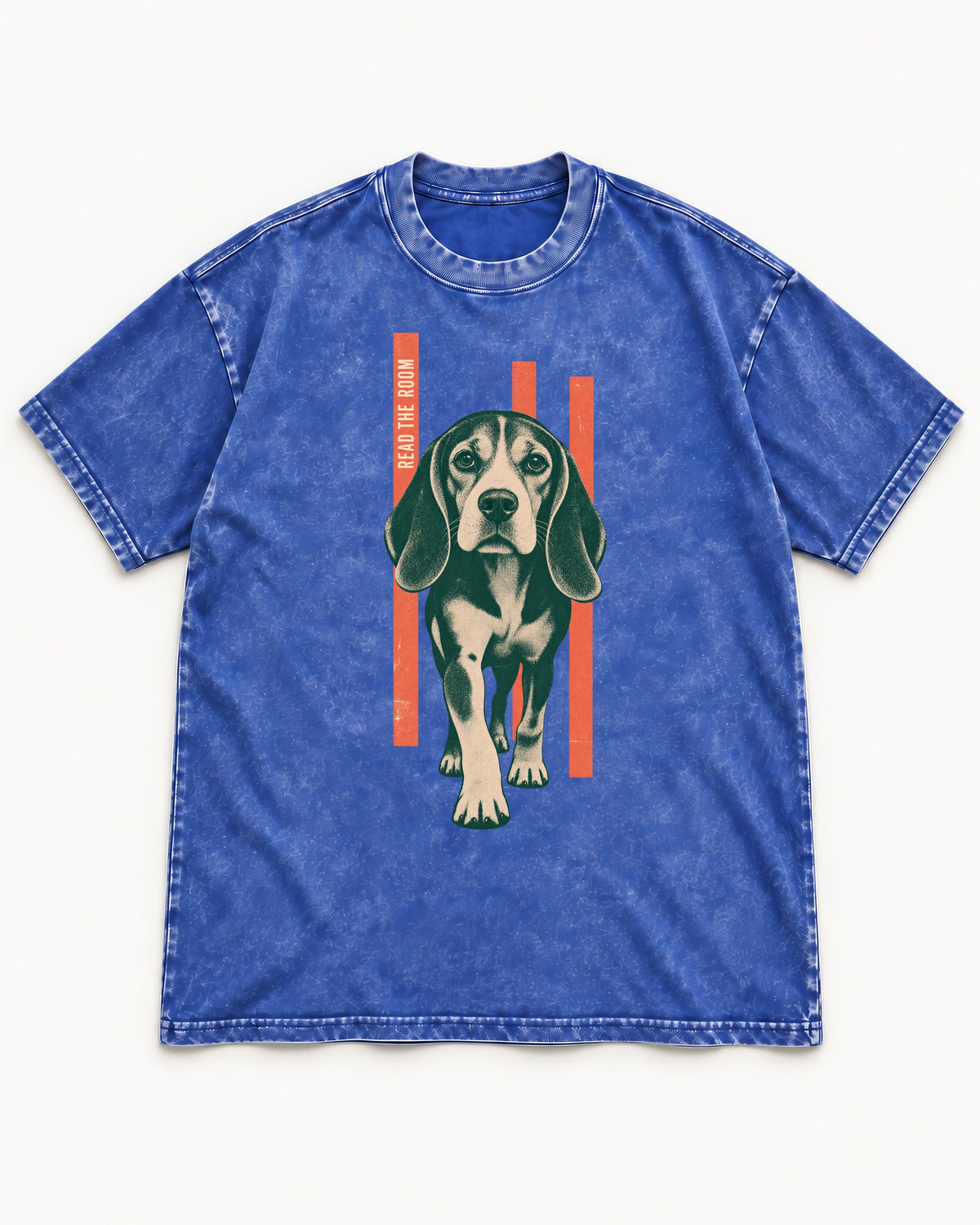 Beagle Before The Move Walking Portrait Washed Tee in Royal Blue, flat lay product photo