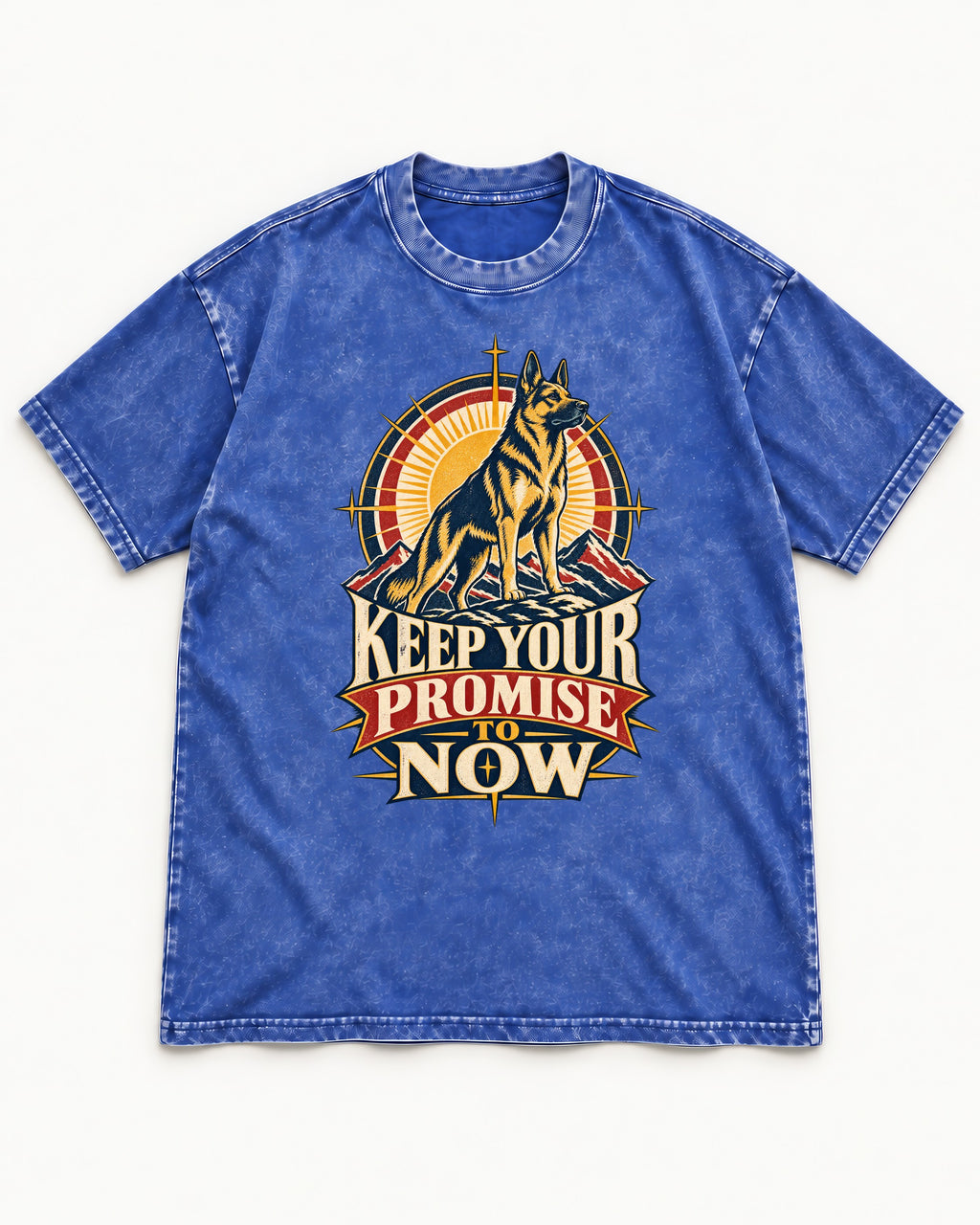 Keep Your Promise To Now Sunrise German Shepherd Dog Graphic Washed Tee in Royal Blue, flat lay product photo