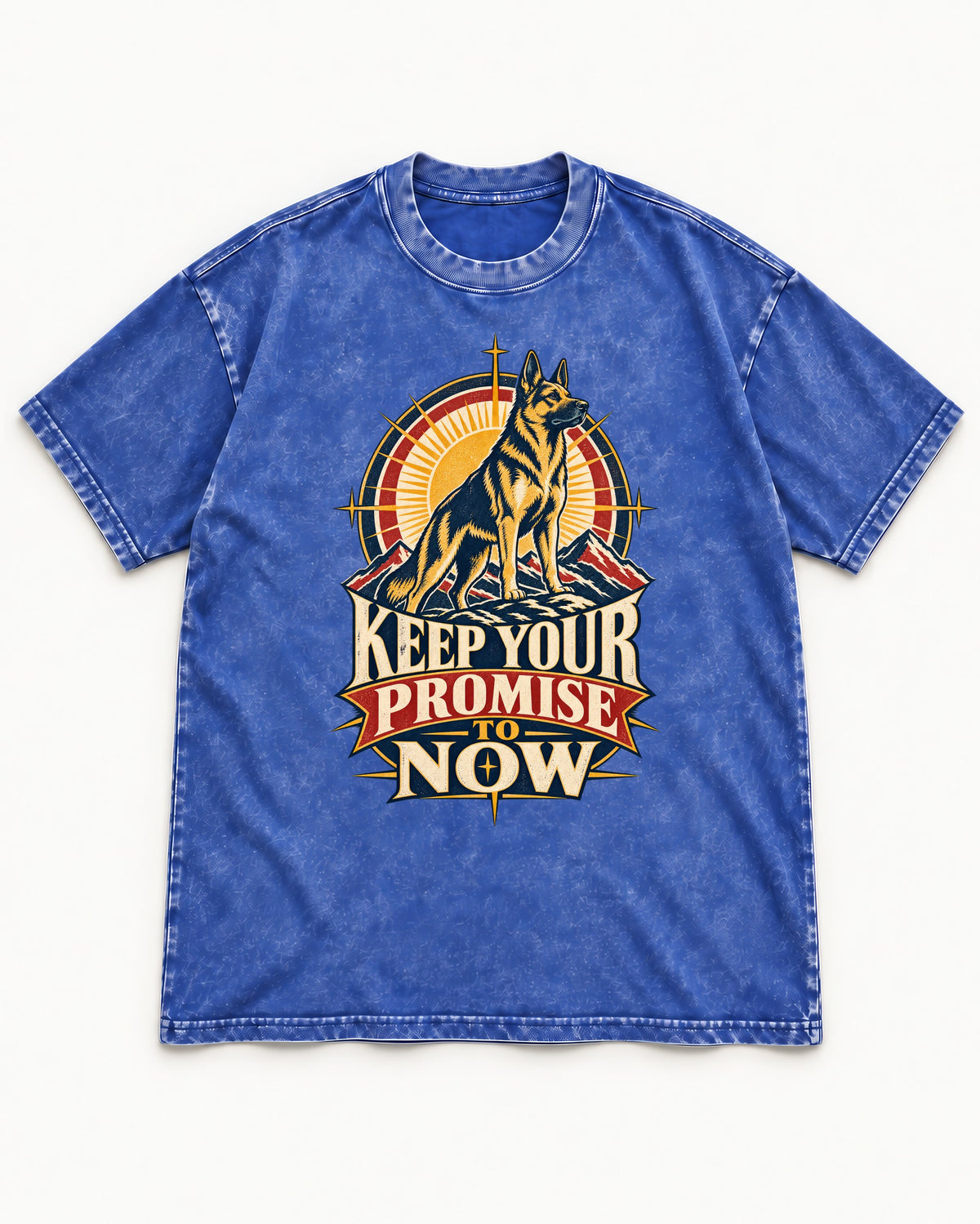 Keep Your Promise To Now Sunrise German Shepherd Dog Graphic Washed Tee in Royal Blue, flat lay product photo