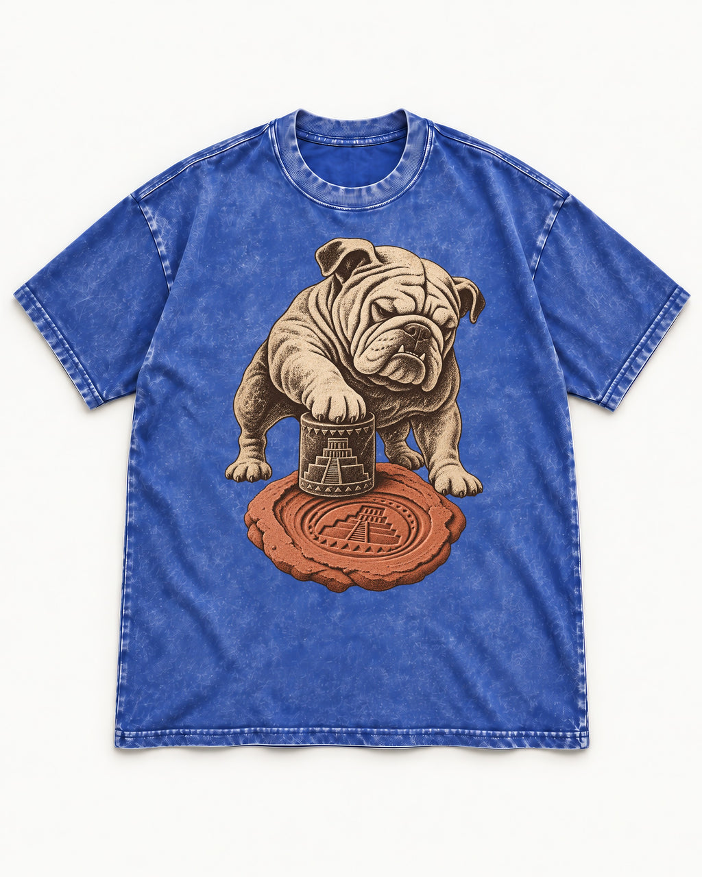 English Bulldog Ancient Cylinder Seal Graphic Washed Tee in Royal Blue, flat lay product photo