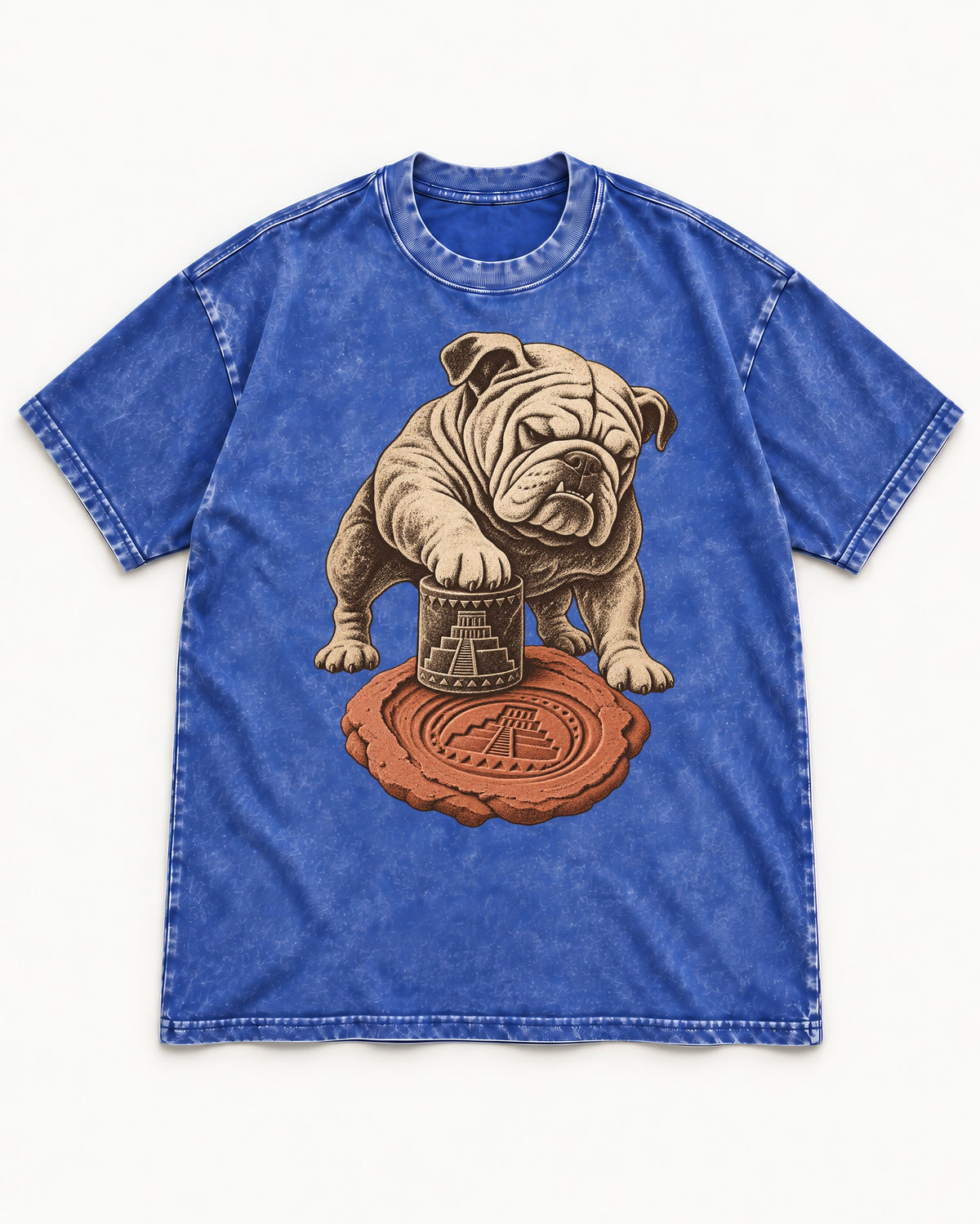 English Bulldog Ancient Cylinder Seal Graphic Washed Tee in Royal Blue, flat lay product photo