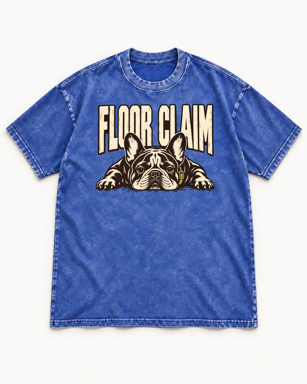 Frenchie Floor Claim Resting Graphic Washed Tee in Royal Blue, flat lay product photo